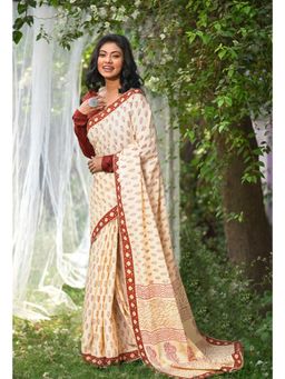Unnati Silks - Ivory & Red Pure Hand Block Printed Soft Cotton Saree with Unstitched Blouse