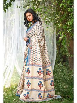 Unnati Silks - Ivory & Blue Pure Hand Block Printed Soft Cotton Saree with Unstitched Blouse