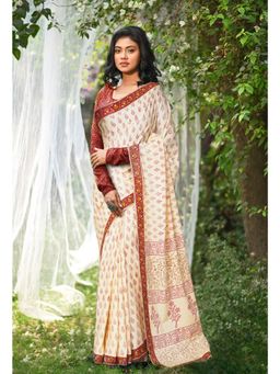 Unnati Silks - Ivory & Red Pure Hand Block Printed Soft Cotton Saree with Unstitched Blouse