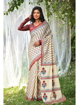 Unnati Silks - Ivory & Red Pure Hand Block Printed Soft Cotton Saree with Unstitched Blouse