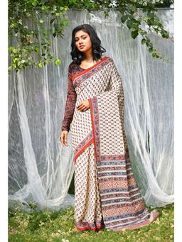 Unnati Silks - Ivory & Red Pure Hand Block Printed Soft Cotton Saree with Unstitched Blouse