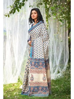 Unnati Silks - Ivory & Blue Pure Hand Block Printed Soft Cotton Saree with Unstitched Blouse