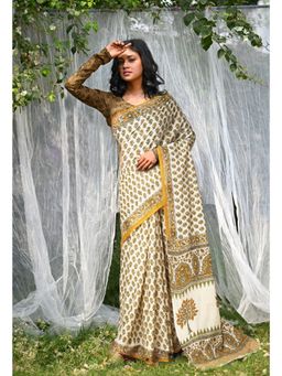 Unnati Silks - Ivory & Yellow Pure Hand Block Printed Soft Cotton Saree with Unstitched Blouse