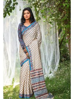 Unnati Silks - Ivory & Blue Pure Hand Block Printed Soft Cotton Saree with Unstitched Blouse