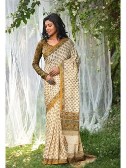 Unnati Silks - Ivory & Yellow Pure Hand Block Printed Soft Cotton Saree with Unstitched Blouse