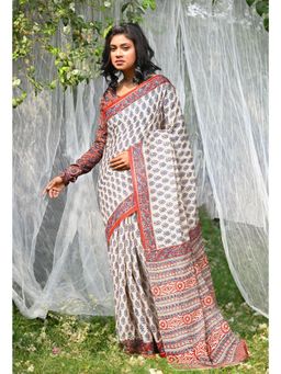 Unnati Silks - Ivory & Red Pure Hand Block Printed Soft Cotton Saree with Unstitched Blouse