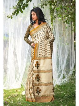 Unnati Silks - Ivory & Yellow Pure Hand Block Printed Soft Cotton Saree with Unstitched Blouse