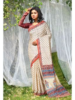 Unnati Silks - Ivory & Red Pure Hand Block Printed Soft Cotton Saree with Unstitched Blouse