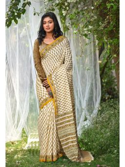 Unnati Silks - Ivory & Yellow Pure Hand Block Printed Soft Cotton Saree with Unstitched Blouse