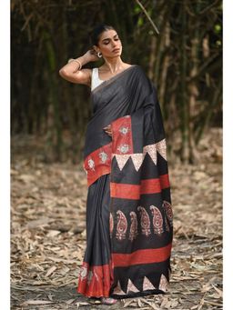 Unnati Silks - Black & Red Pure Bagru Block Printed Pashmina Sico Saree with Unstitched Blouse