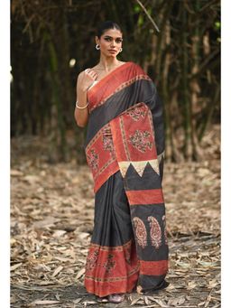 Unnati Silks - Black & Red Pure Bagru Block Printed Pashmina Sico Saree with Unstitched Blouse
