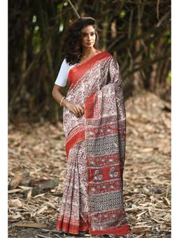 Unnati Silks - Beige & Red Pure Jawtha Block Printed Pashmina Sico Saree with Unstitched Blouse