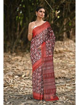 Unnati Silks - Black & Pink Pure Jawtha Block Printed Pashmina Sico Saree with Unstitched Blouse