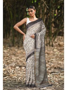 Unnati Silks - Beige & Black Pure Jawtha Block Printed Pashmina Sico Saree with Unstitched Blouse