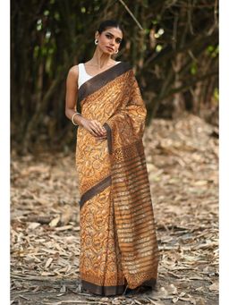 Unnati Silks - Orange & Black Pure Jawtha Block Printed Pashmina Sico Saree with Unstitched Blouse