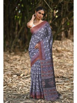 Unnati Silks - Blue & Red Pure Jawtha Block Printed Pashmina Sico Saree with Unstitched Blouse