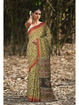 Unnati Silks - Green & Red Pure Jawtha Block Printed Pashmina Sico Saree with Unstitched Blouse