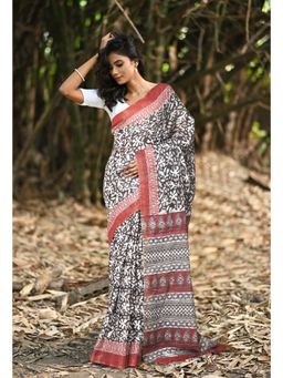 Unnati Silks - Black & Red Pure Jawtha Block Printed Pashmina Sico Saree with Unstitched Blouse