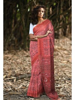 Unnati Silks - Pink & Red Pure Jawtha Block Printed Pashmina Sico Saree with Unstitched Blouse