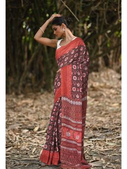 Unnati Silks - Black & Pink Pure Jawtha Block Printed Pashmina Sico Saree with Unstitched Blouse