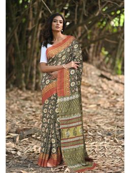 Unnati Silks - Black & Green Pure Jawtha Block Printed Pashmina Sico Saree with Unstitched Blouse