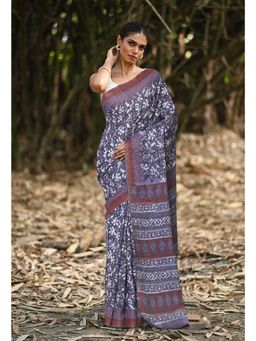 Unnati Silks - Blue & Red Pure Jawtha Block Printed Pashmina Sico Saree with Unstitched Blouse