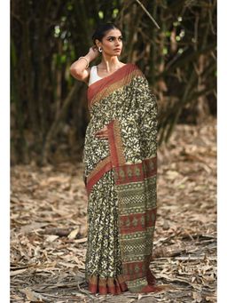 Unnati Silks - Black & Red Pure Jawtha Block Printed Pashmina Sico Saree with Unstitched Blouse