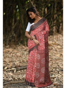 Unnati Silks - Pink & Black Pure Jawtha Block Printed Pashmina Sico Saree with Unstitched Blouse