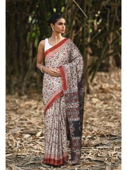 Unnati Silks - Beige & Red Pure Jawtha Block Printed Pashmina Sico Saree with Unstitched Blouse
