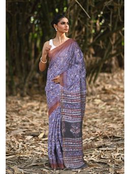Unnati Silks - Blue & Red Pure Jawtha Block Printed Pashmina Sico Saree with Unstitched Blouse