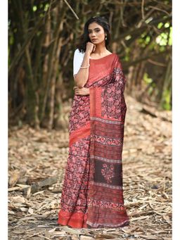 Unnati Silks - Black & Pink Pure Jawtha Block Printed Pashmina Sico Saree with Unstitched Blouse