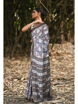 Unnati Silks - Blue & Beige Pure Jawtha Block Printed Pashmina Sico Saree with Unstitched Blouse
