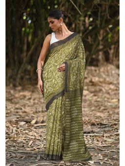 Unnati Silks - Green & Black Pure Jawtha Block Printed Pashmina Sico Saree with Unstitched Blouse