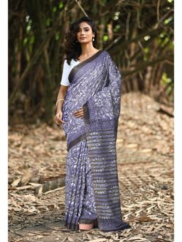Unnati Silks - Blue & Black Pure Jawtha Block Printed Pashmina Sico Saree with Unstitched Blouse
