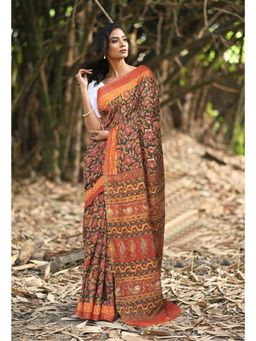 Unnati Silks - Black & Orange Pure Jawtha Block Printed Pashmina Sico Saree with Unstitched Blouse