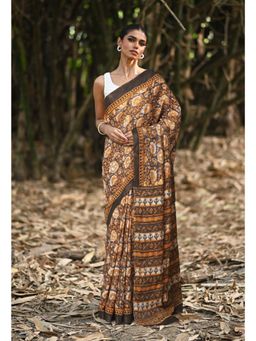 Unnati Silks - Black & Orange Pure Jawtha Block Printed Pashmina Sico Saree with Unstitched Blouse