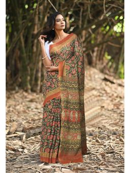 Unnati Silks - Black & Green Pure Jawtha Block Printed Pashmina Sico Saree with Unstitched Blouse