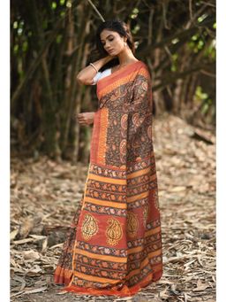 Unnati Silks - Black & Orange Pure Jawtha Block Printed Pashmina Sico Saree with Unstitched Blouse