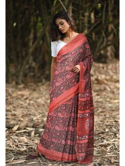Unnati Silks - Black & Pink Pure Jawtha Block Printed Pashmina Sico Saree with Unstitched Blouse