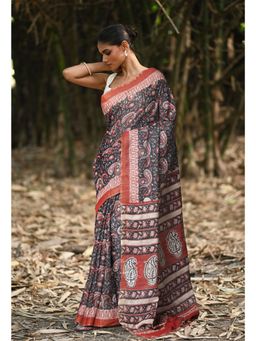 Unnati Silks - Black & Red Pure Jawtha Block Printed Pashmina Sico Saree with Unstitched Blouse
