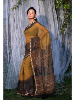 Unnati Silks - Mustard Yellow & Black Pure Bagru Block Printed Kota Saree with Unstitched Blouse