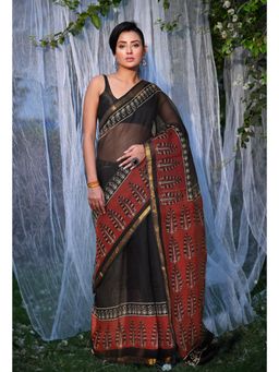 Unnati Silks - Black & Red Pure Bagru Block Printed Kota Saree with Unstitched Blouse