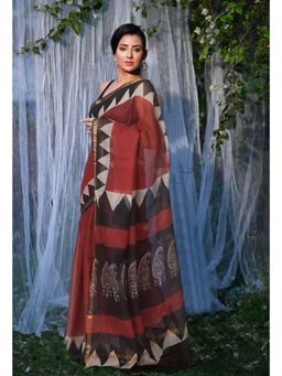 Unnati Silks - Red & Black Pure Bagru Block Printed Kota Saree with Unstitched Blouse
