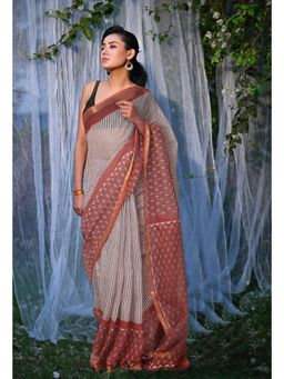 Unnati Silks - Beige & Red Pure Bagru Block Printed Kota Saree with Unstitched Blouse