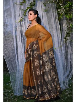 Unnati Silks - Mustard Yellow & Black Pure Bagru Block Printed Kota Saree with Unstitched Blouse