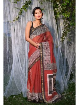 Unnati Silks - Red & Black Pure Bagru Block Printed Kota Saree with Unstitched Blouse