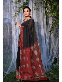 Unnati Silks - Black & Red Pure Bagru Block Printed Kota Saree with Unstitched Blouse