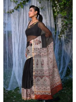 Unnati Silks - Black & Beige Pure Bagru Block Printed Kota Saree with Unstitched Blouse