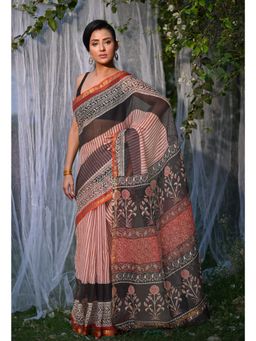 Unnati Silks - Multi Color & Black Pure Bagru Block Printed Kota Saree with Unstitched Blouse