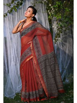 Unnati Silks - Red & Black Pure Bagru Block Printed Kota Saree with Unstitched Blouse